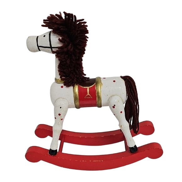 Vintage Classic White and Red Wooden Rocking Horse w/ Yarn Main Christmas Decor - Picture 2 of 10